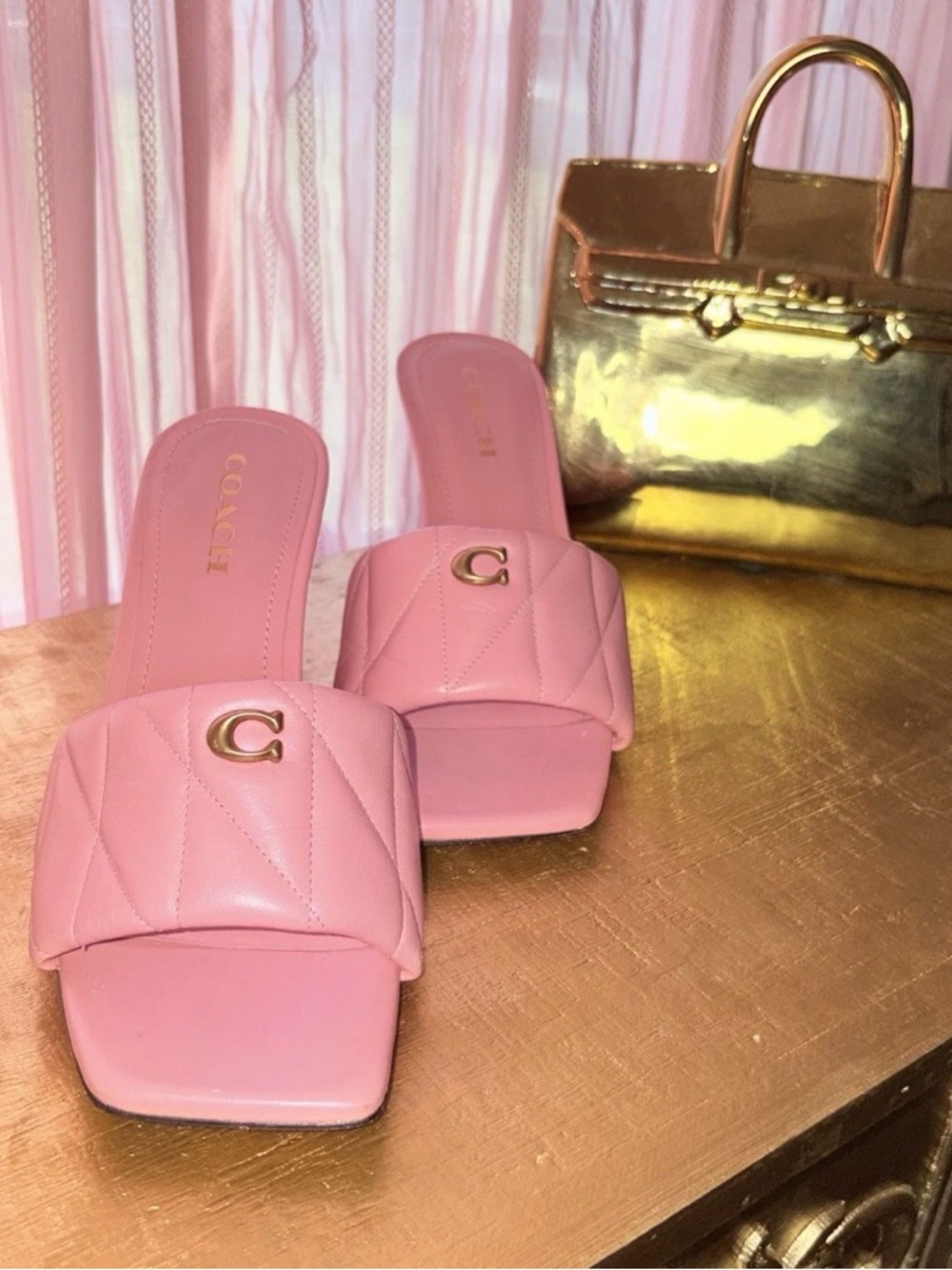 Coach Bubblegum Pink Leather Wedge Mules Size 10 Square Toe - Picture 1 of 8